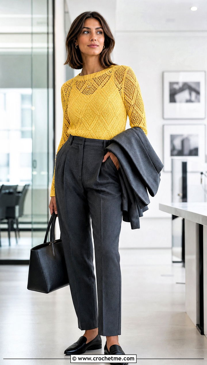 Diamond Crochet Sweater With Tailored Trousers - 15 crochet sweater with geometric outfit ideas