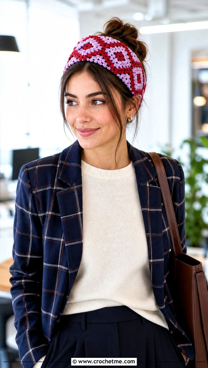Diamond Crochet Tie Headband With Plaid Blazer - 35 crochet tie headband outfit ideas