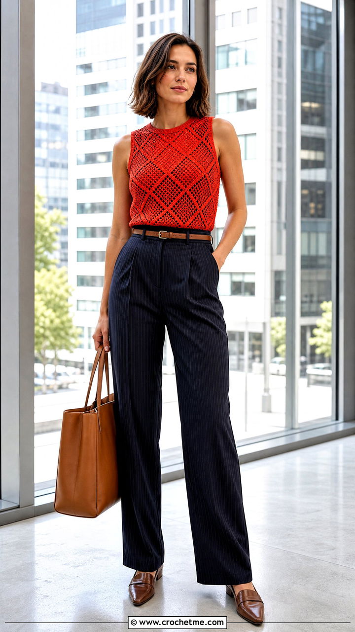 Diamond Crochet Vest Top With Pinstripe Pants - 35 crochet diamond top outfit ideas