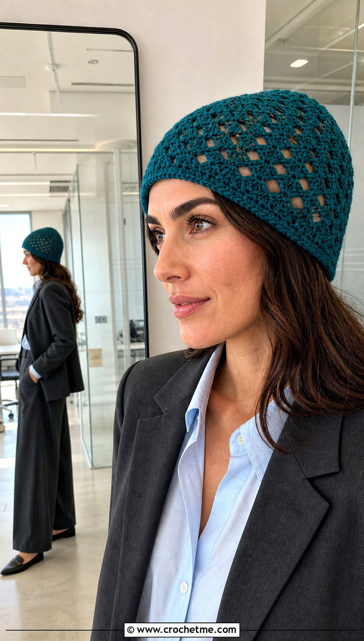 Diamond Filet Crochet Beanie With Office Suit - 30 crochet lace beanie outfit ideas