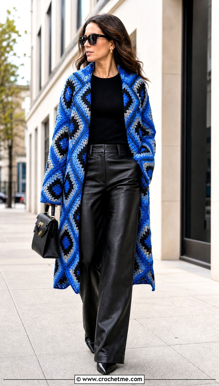 Diamond Granny Square Coat With Leather Pants - 30 crochet granny square coat outfit ideas