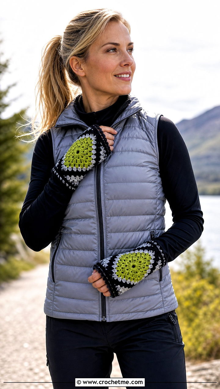 Diamond Granny Square Fingerless Gloves With Puffer Vest - 30 crochet granny square fingerless gloves outfit ideas