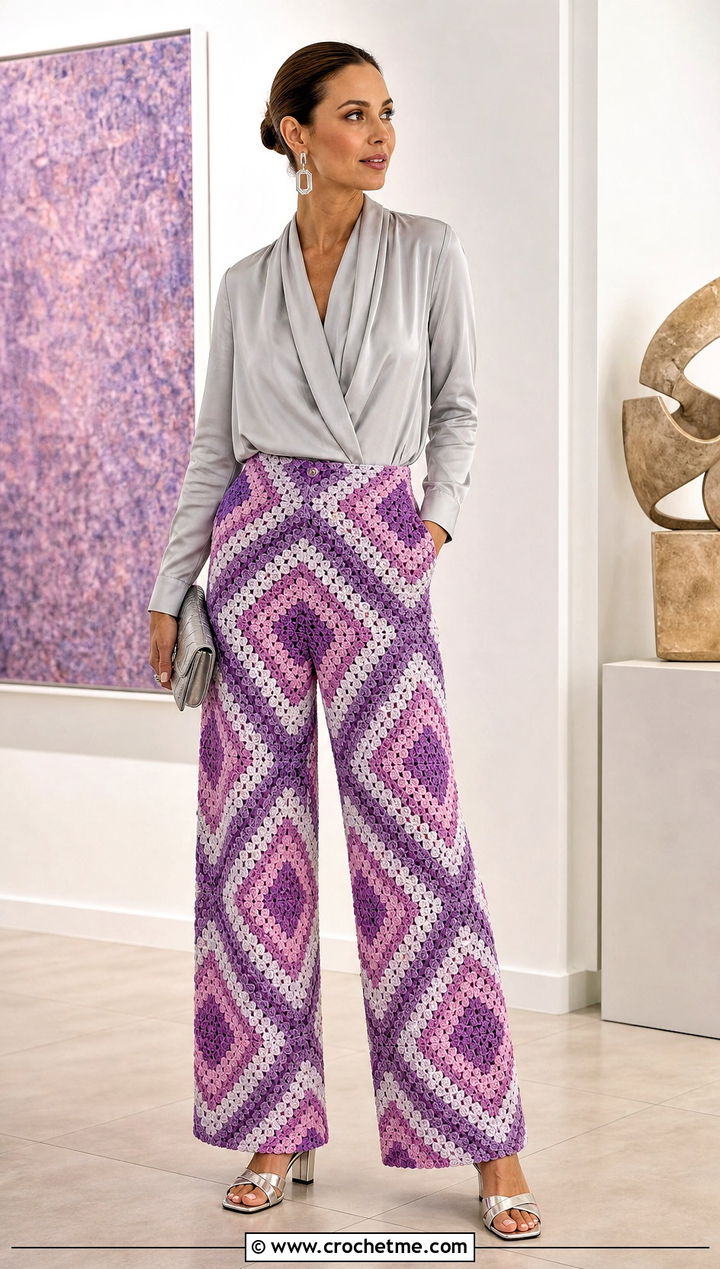 Diamond Granny Square Trousers With Draped Blouse - 35 granny square trousers outfit ideas