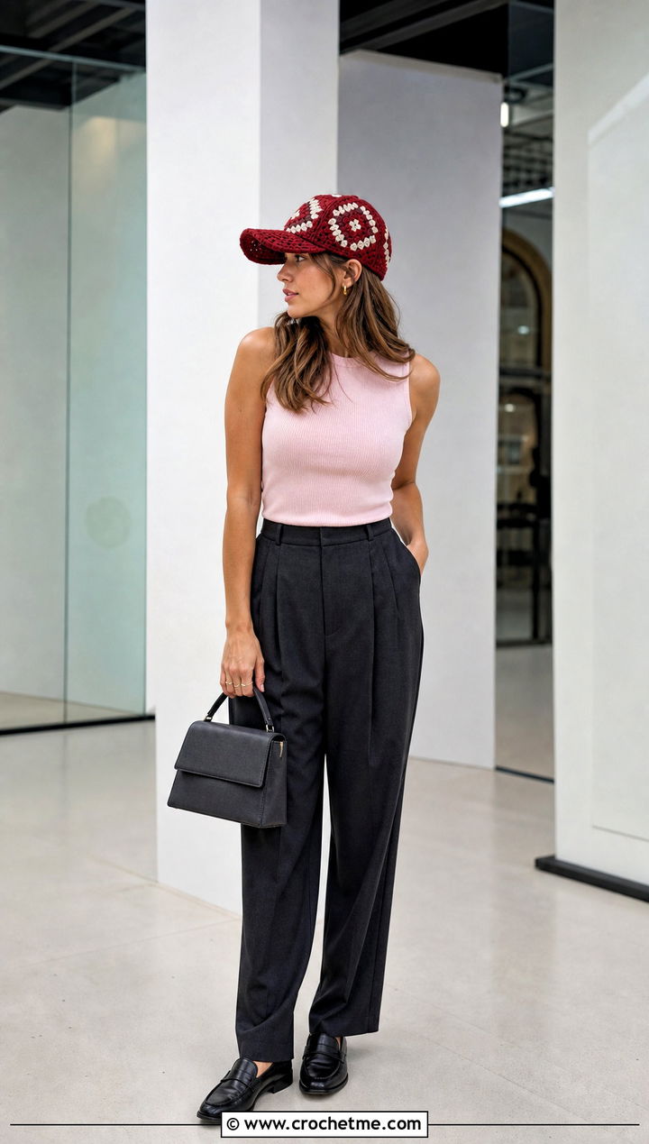 Diamond Granny Square Trucker Hat With Pleated Trousers - 35 granny square trucker hat outfit ideas