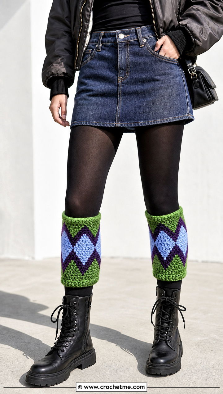 Diamond Harlequin Crochet Boot Cuffs With Mini Skirt and Combat Boots - 30 crochet boot cuff outfit ideas
