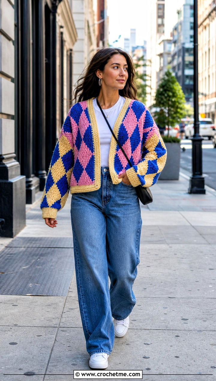 Diamond Howls Crochet Cardigan With Wide Leg Jeans - 25 Howls Crochet Sweater outfit ideas