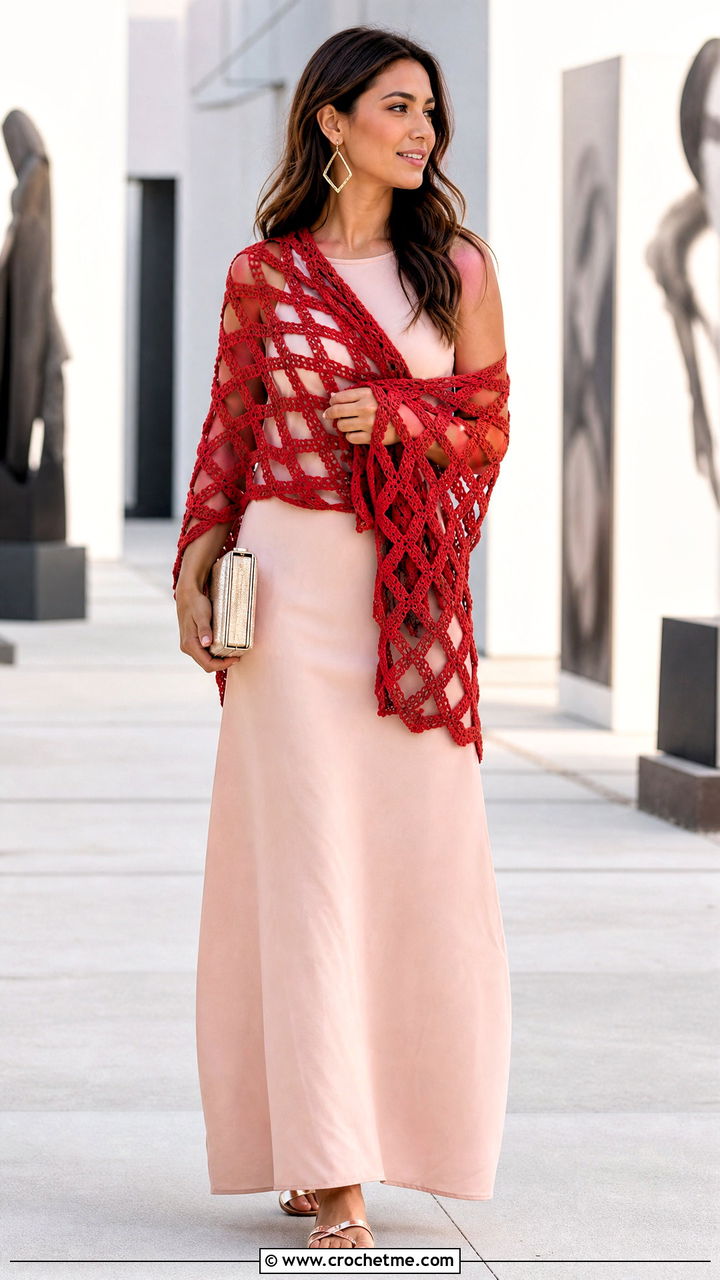 Diamond Lace Crochet Shawl With Minimalist Maxi Dress - 35 lacy crochet shawl outfit ideas