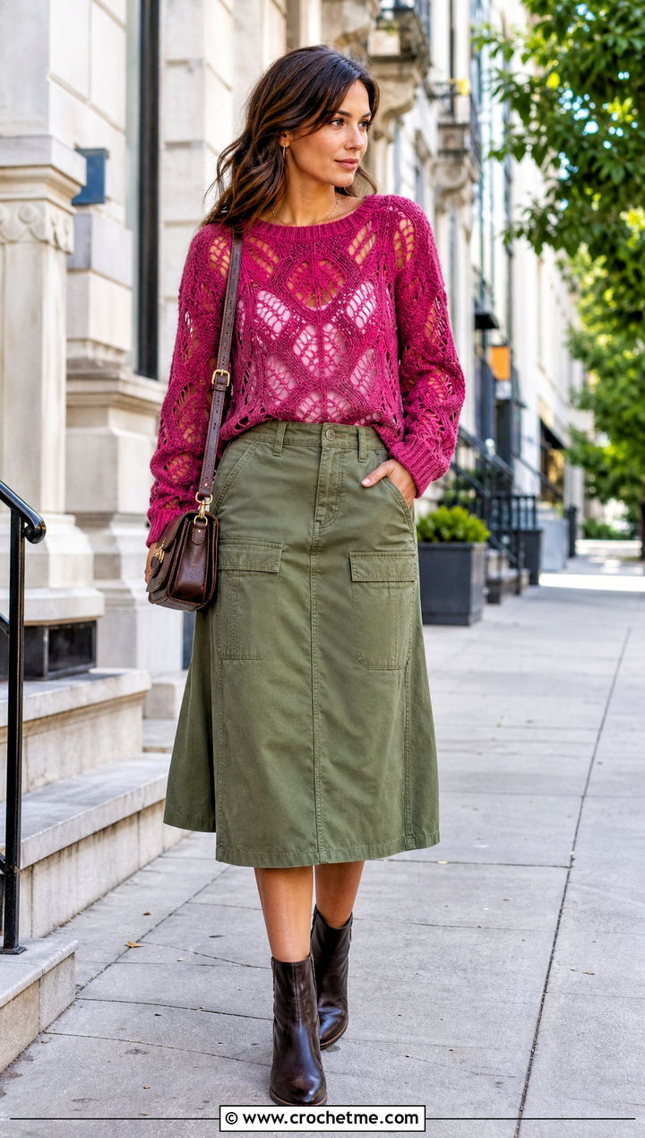 Diamond Lace Crochet Sweater With Utility Midi Skirt - 25 Lacy Crochet Sweater outfit ideas