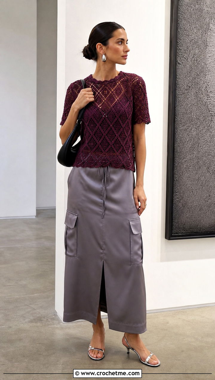 Diamond Lace Crochet Tee With Satin Cargo Skirt - 15 summer lace crochet tee outfit ideas