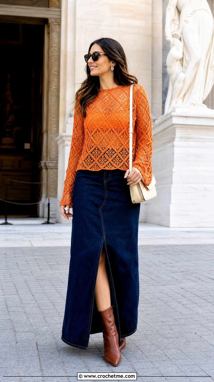 Diamond Lace Crochet Top With Denim Maxi Skirt - 35 crochet diamond top outfit ideas