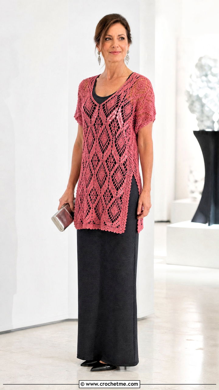 Diamond Lace Crochet Tunic With Column Skirt - 35 crochet tunic outfit ideas