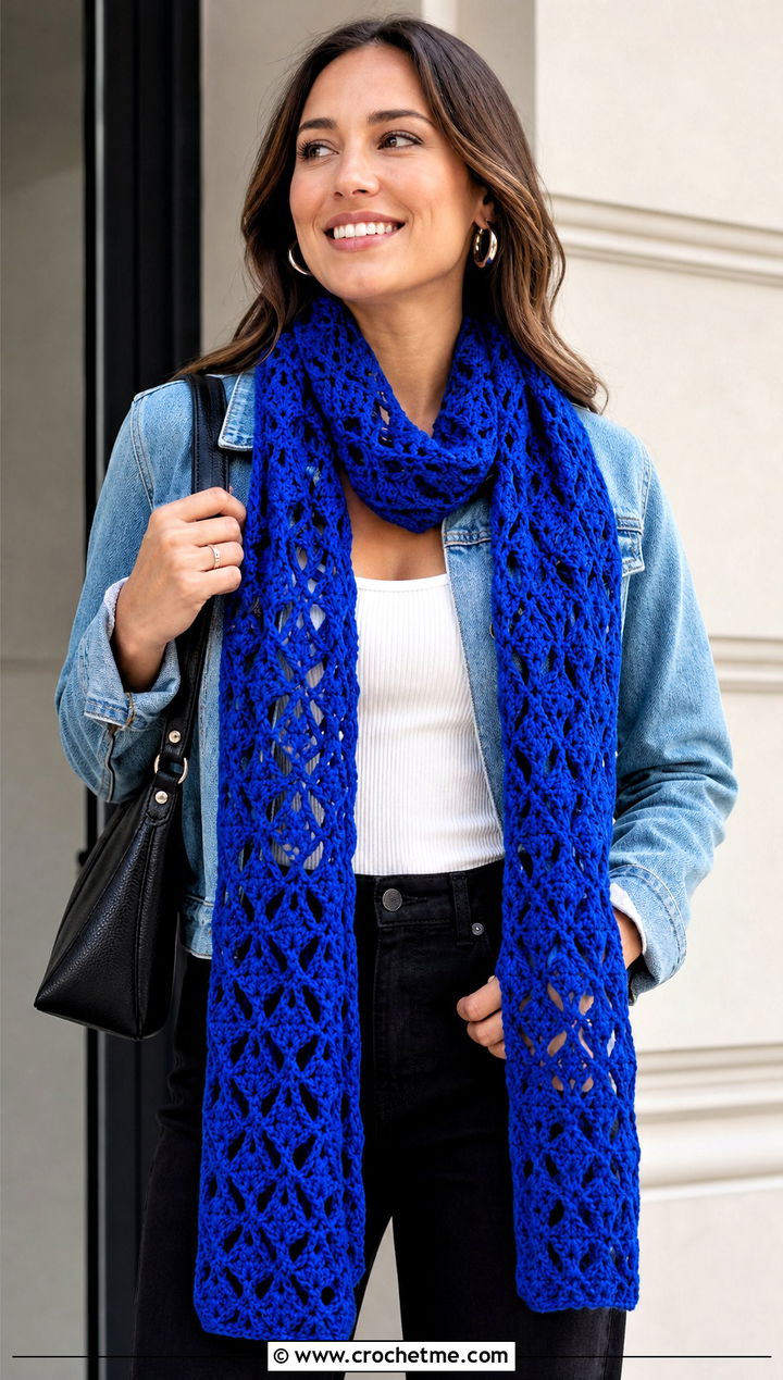 Diamond Lace Long Scarf With Denim Jacket - 15 diamond crochet scarf outfit ideas