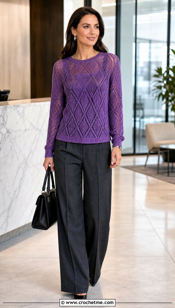 Diamond Lace Panel Sweater With Suit Trousers - 30 crochet panel sweater outfit ideas