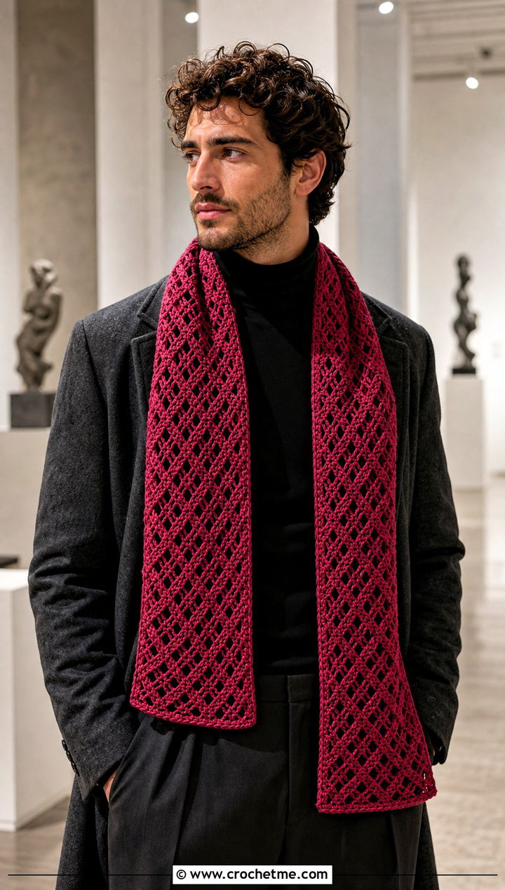 Diamond Lattice Crochet Scarf With Turtleneck - 30 Mens Crochet Scarf outfit ideas