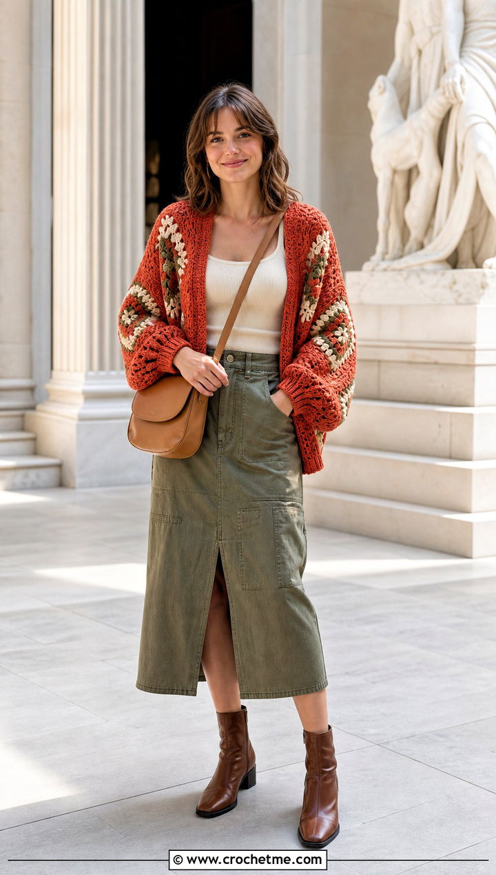 Diamond Layout Square Cardigan With Utility Skirt - 30 crochet square cardigan outfit ideas