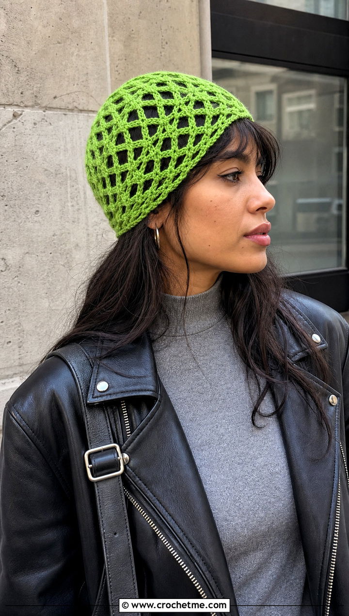 Diamond Mesh Crochet Beanie With Leather Jacket - 25 crochet mesh beanie outfit ideas