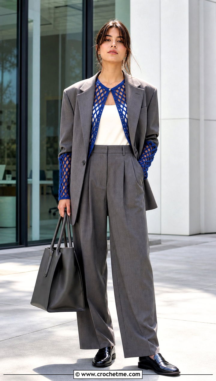 Diamond Mesh Crochet Bolero With Blazer And Trousers - 25 Crochet Mesh Bolero outfit ideas