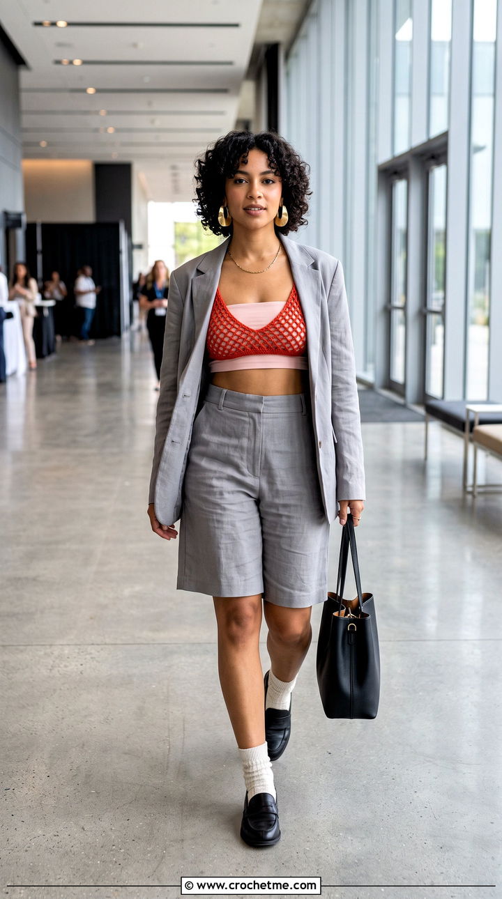 Diamond Mesh Crochet Bra With Bermuda Shorts Suit - 35 crochet bra outfit ideas