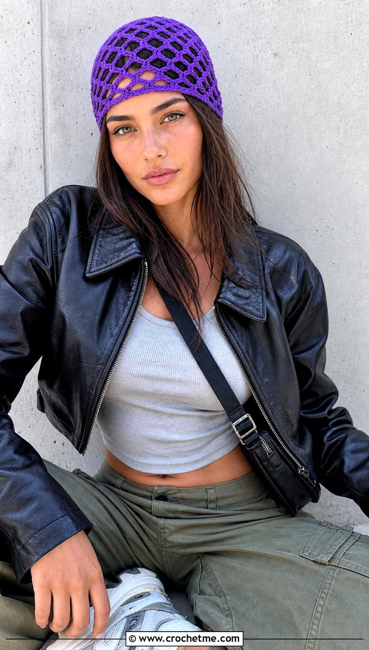 Diamond Mesh Crochet Cap With Leather Jacket And Cargo Pants - 30 Crochet Mesh Cap outfit ideas