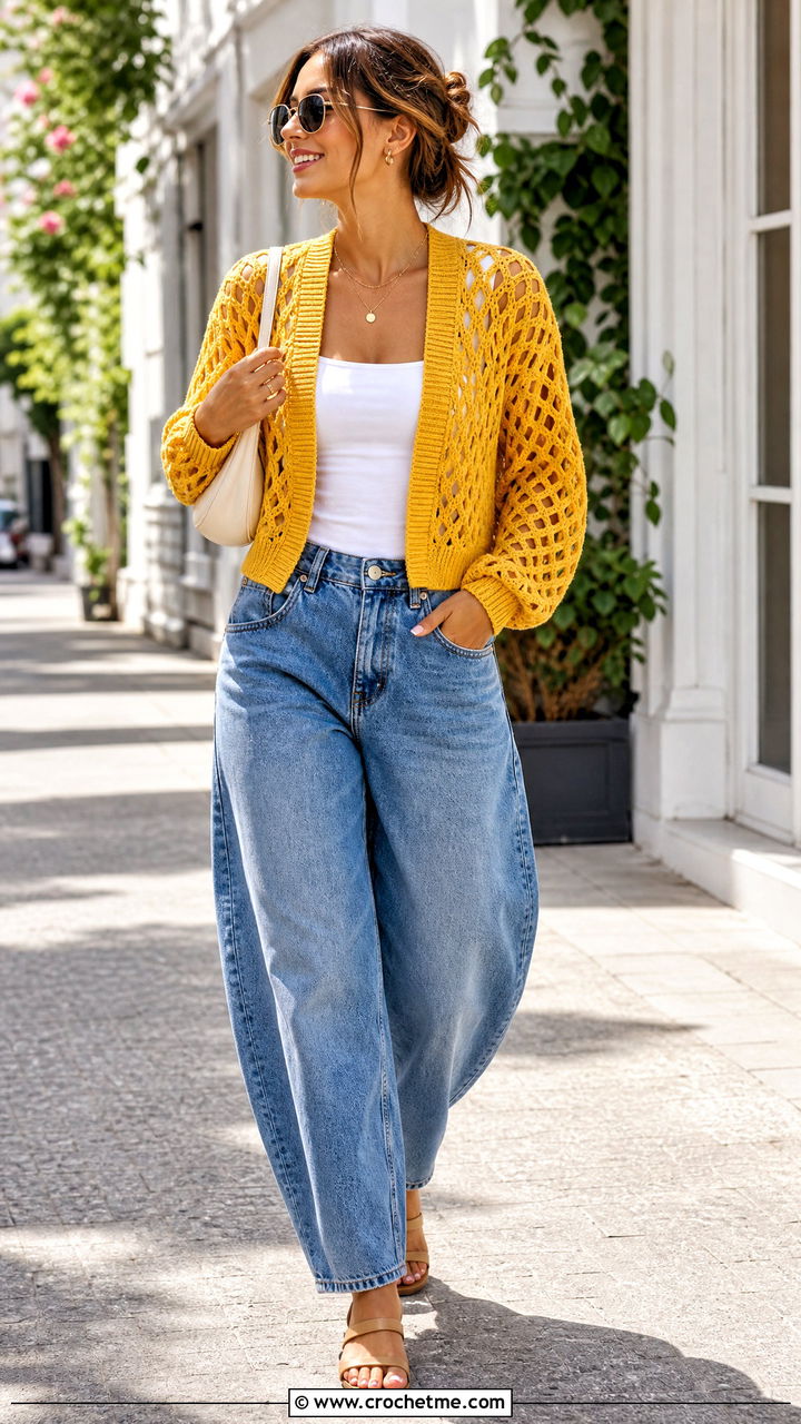 Diamond Mesh Crochet Cardigan With Barrel Jeans - 35 crochet summer cardigan outfit ideas