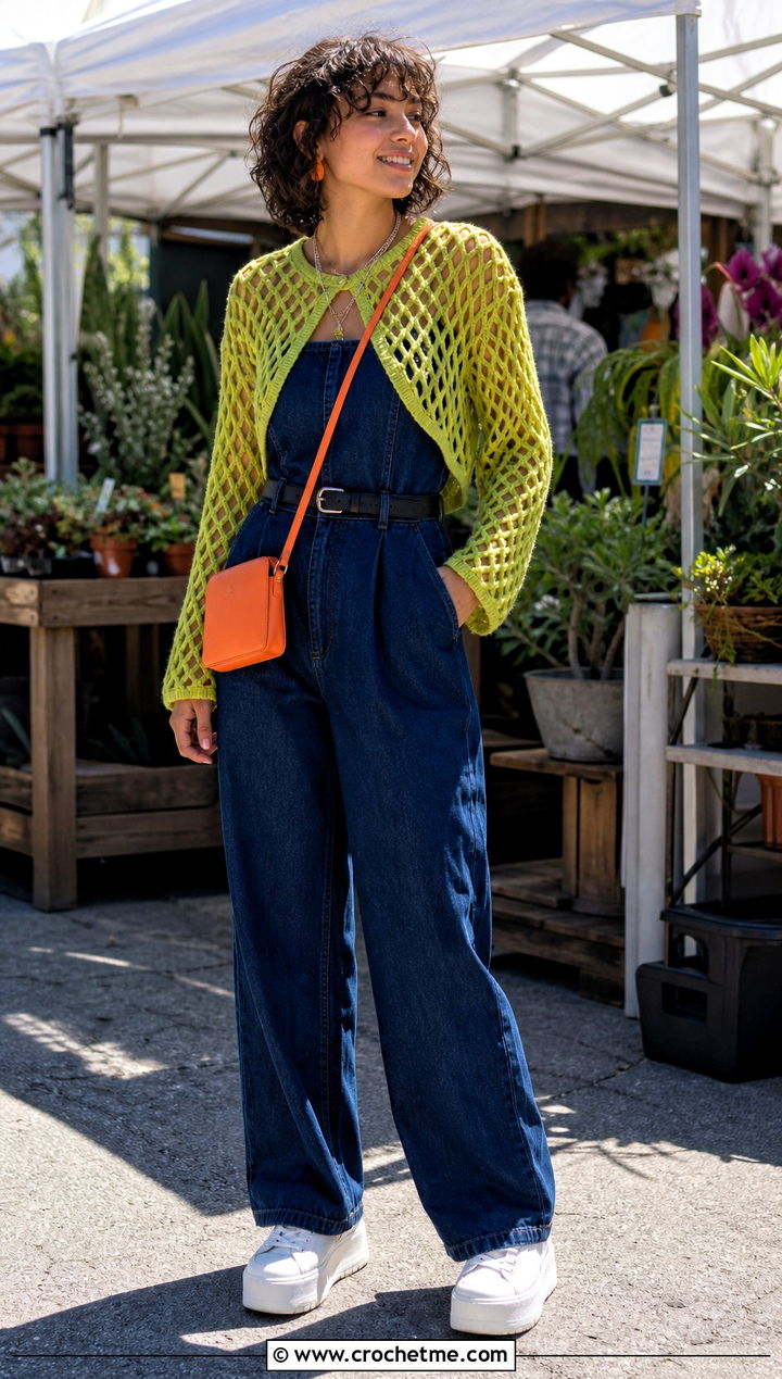 Diamond Mesh Crochet Crop Shrug With Denim Jumpsuit - 25 Crochet Crop Shrug outfit ideas