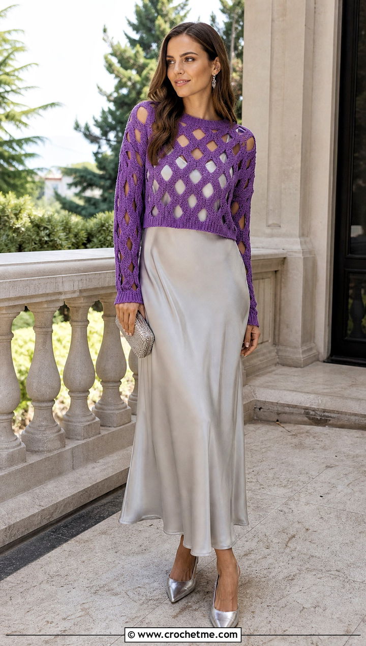 Diamond Mesh Crochet Jumper Over A Slip Dress - 30 crochet mesh jumper outfit ideas