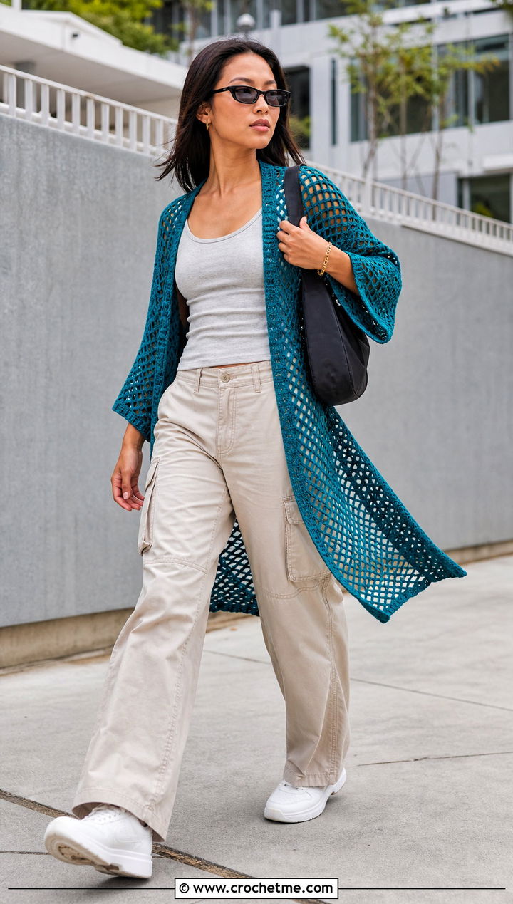 Diamond Mesh Crochet Kimono With Cargo Pants - 15 crochet kimono cover up outfit ideas