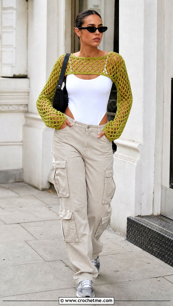 Diamond Mesh Crochet Lace Shrug With Cargo Pants - 35 crochet lace shrug outfit ideas