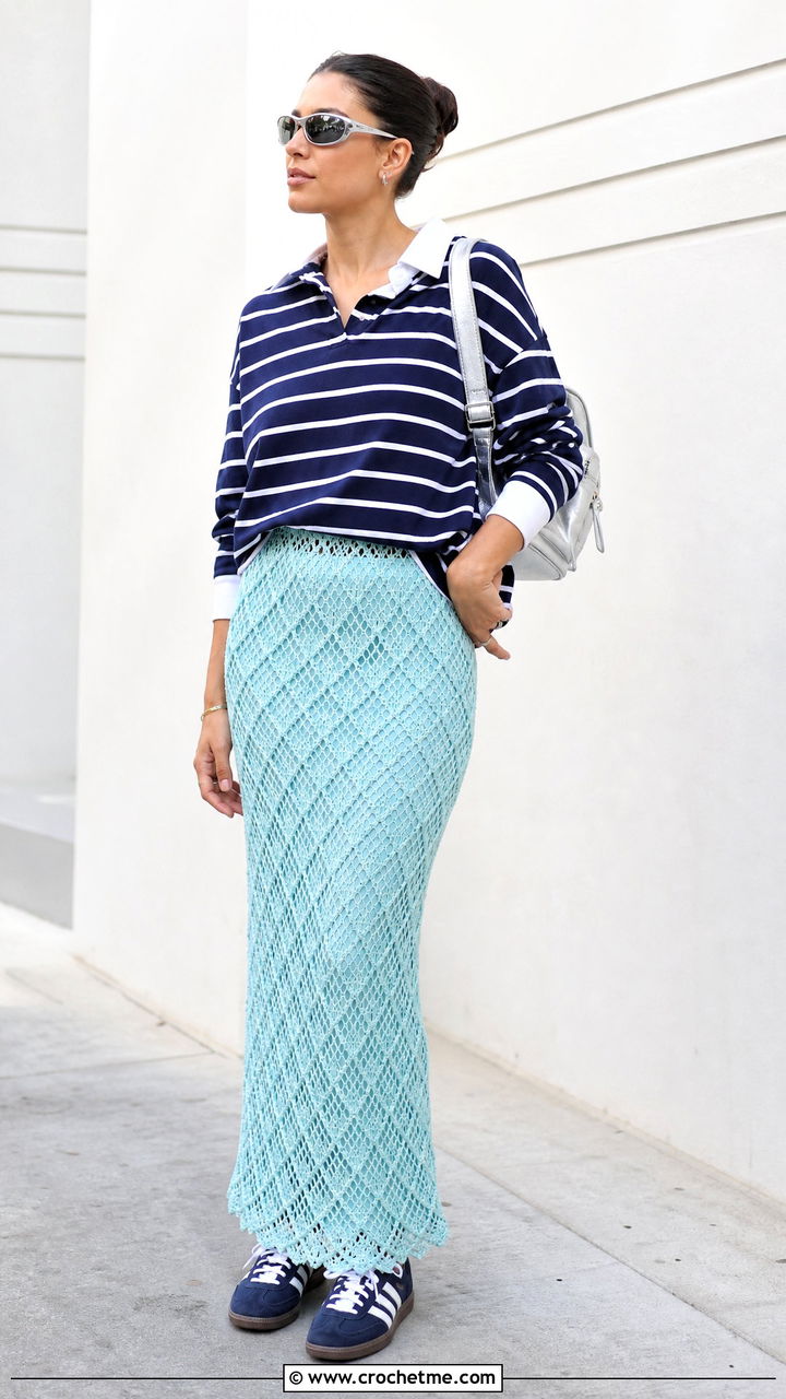 Diamond Mesh Crochet Maxi Skirt With Rugby Shirt - 35 crochet maxi skirt outfit ideas