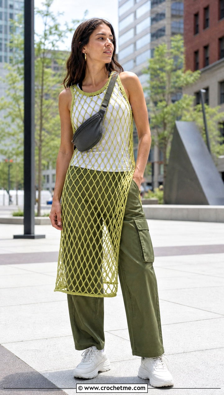 Diamond Mesh Crochet Net Dress With Cargo Pants - 25 crochet net dress outfit ideas