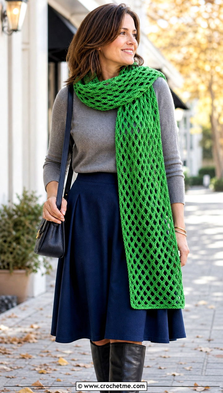 Diamond Mesh Crochet Scarf With Sweater And Midi Skirt - 25 Mesh Crochet Scarf outfit ideas