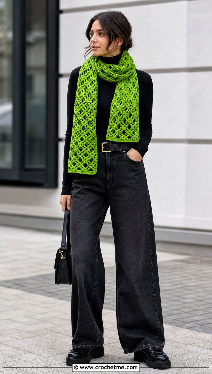 Diamond Mesh Crochet Scarf With Turtleneck And Wide Leg Jeans - 25 Crochet Mesh Scarf outfit ideas