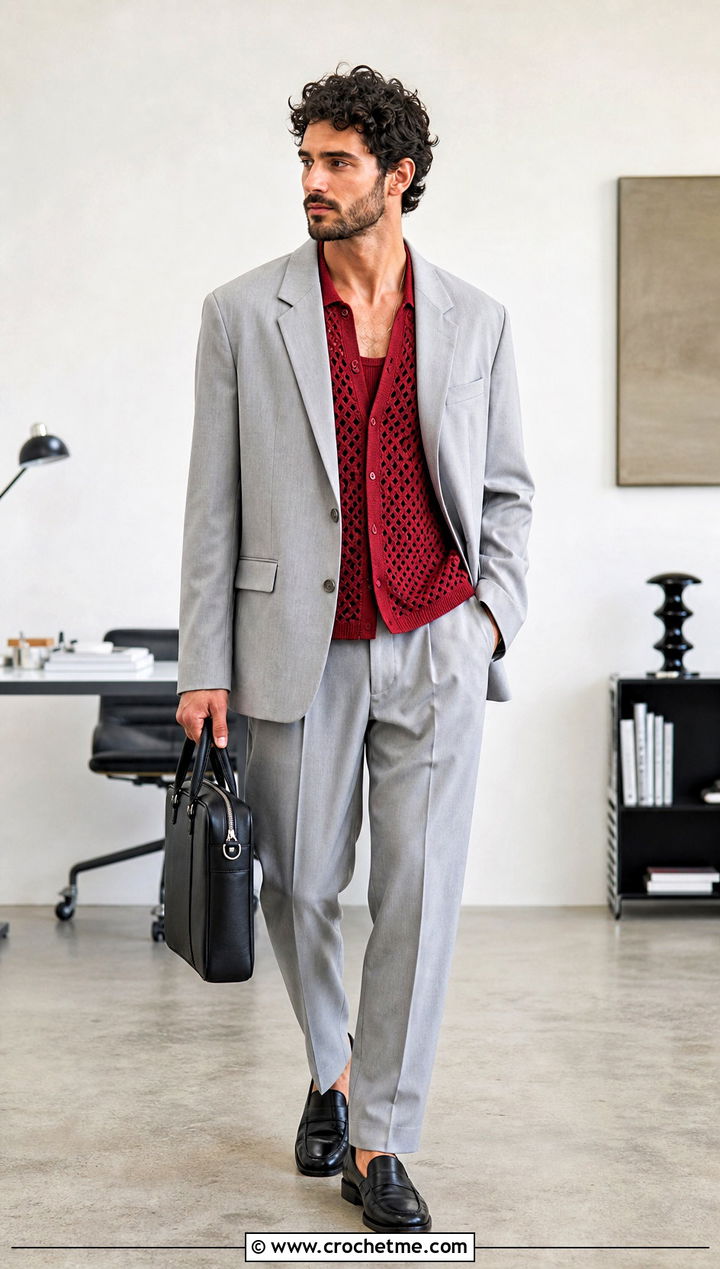 Diamond Mesh Crochet Shirt With Blazer - 35 crochet man shirt outfit ideas