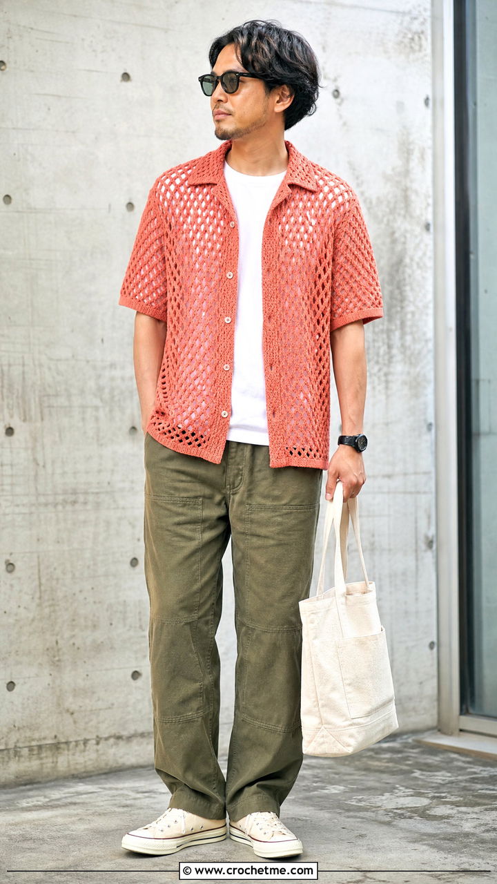 Diamond Mesh Crochet Shirt With Double Knee Pants - 35 mens crochet shirt outfit ideas
