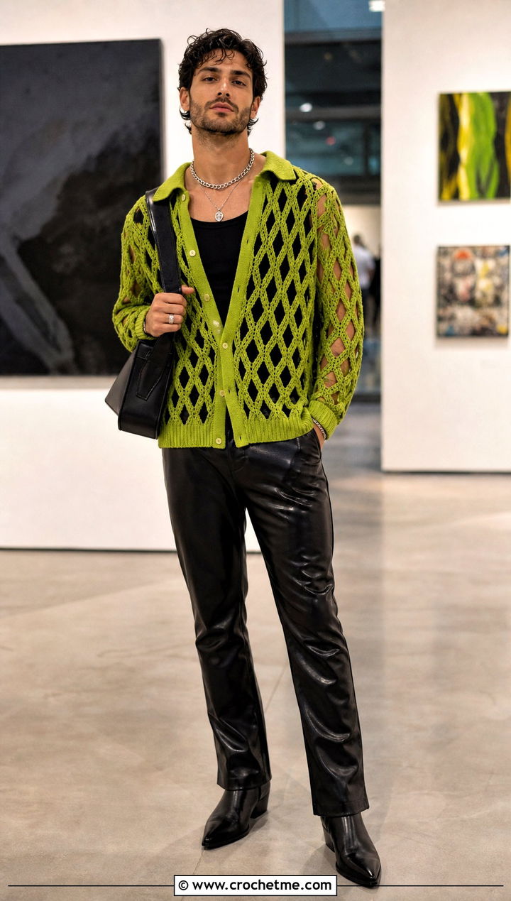 Diamond Mesh Crochet Shirt With Leather Trousers - 25 Men Crochet Mesh Shirt outfit ideas
