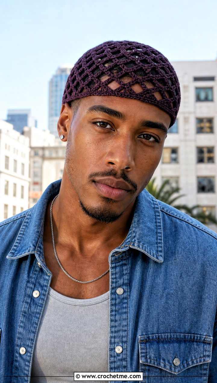 Diamond Mesh Crochet Skull Cap With Double Denim - 25 Mens Crochet Skull Cap outfit ideas