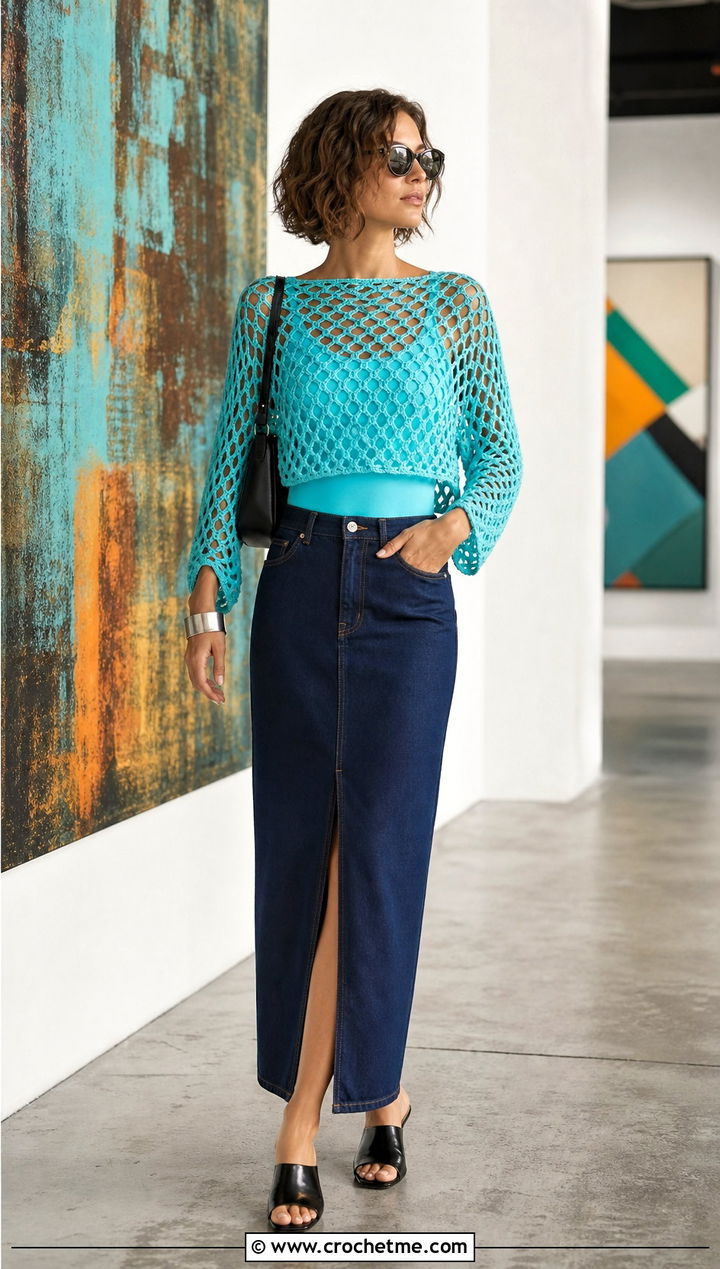 Diamond Mesh Crochet Summer Pullover With Column Skirt - 25 crochet summer pullover outfit ideas