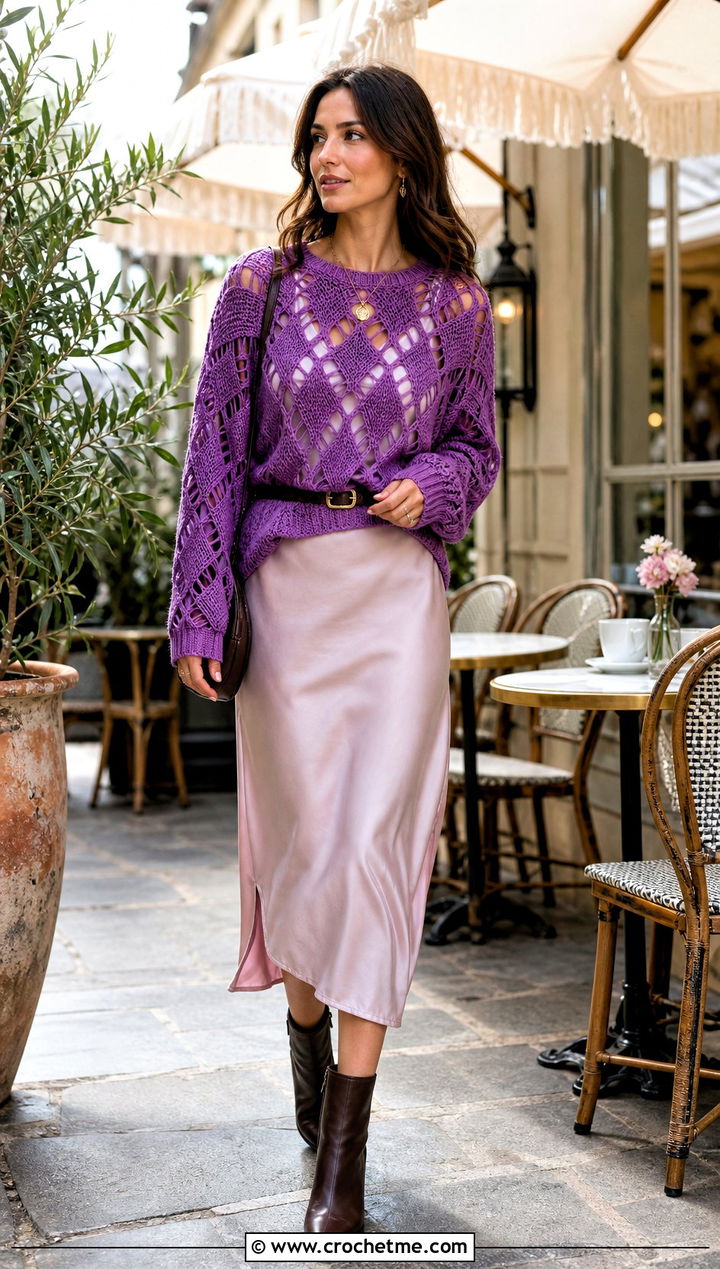 Diamond Mesh Crochet Sweater Over A Slip Dress - 20 Open Weave Crochet Sweater outfit ideas