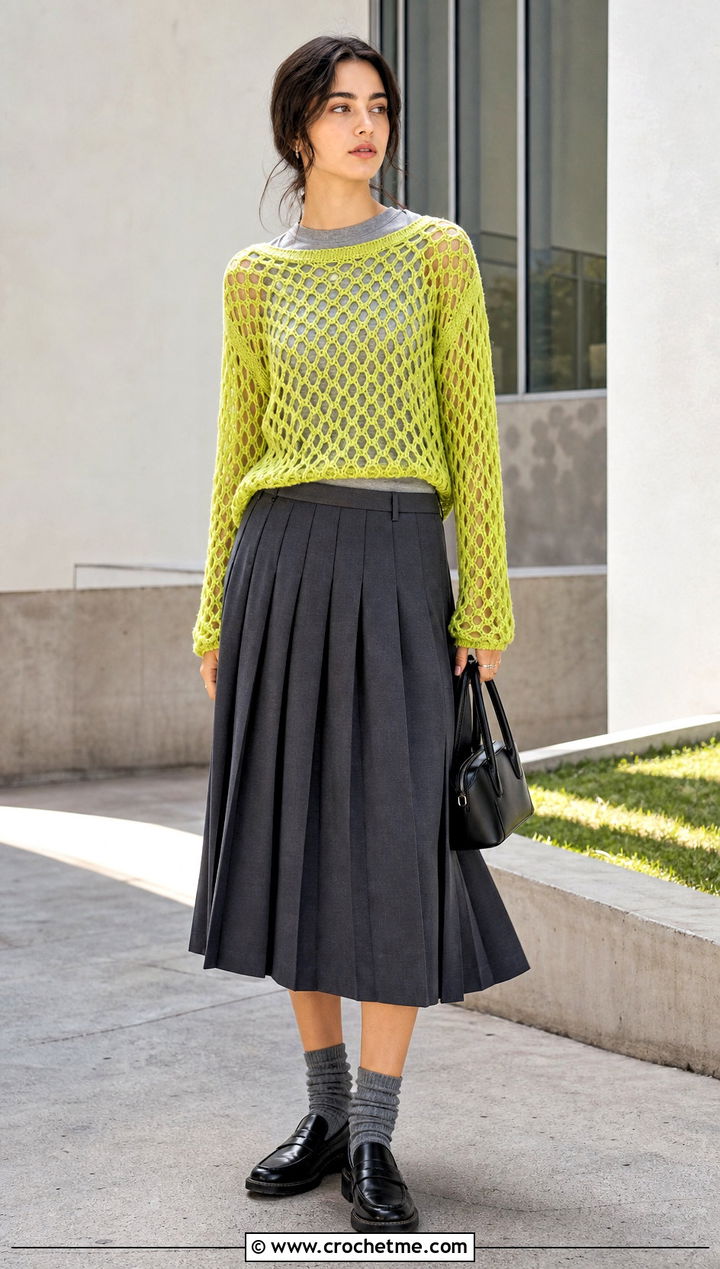 Diamond Mesh Crochet Top With Pleated Midi Skirt - 30 long sleeve crochet mesh top outfit ideas