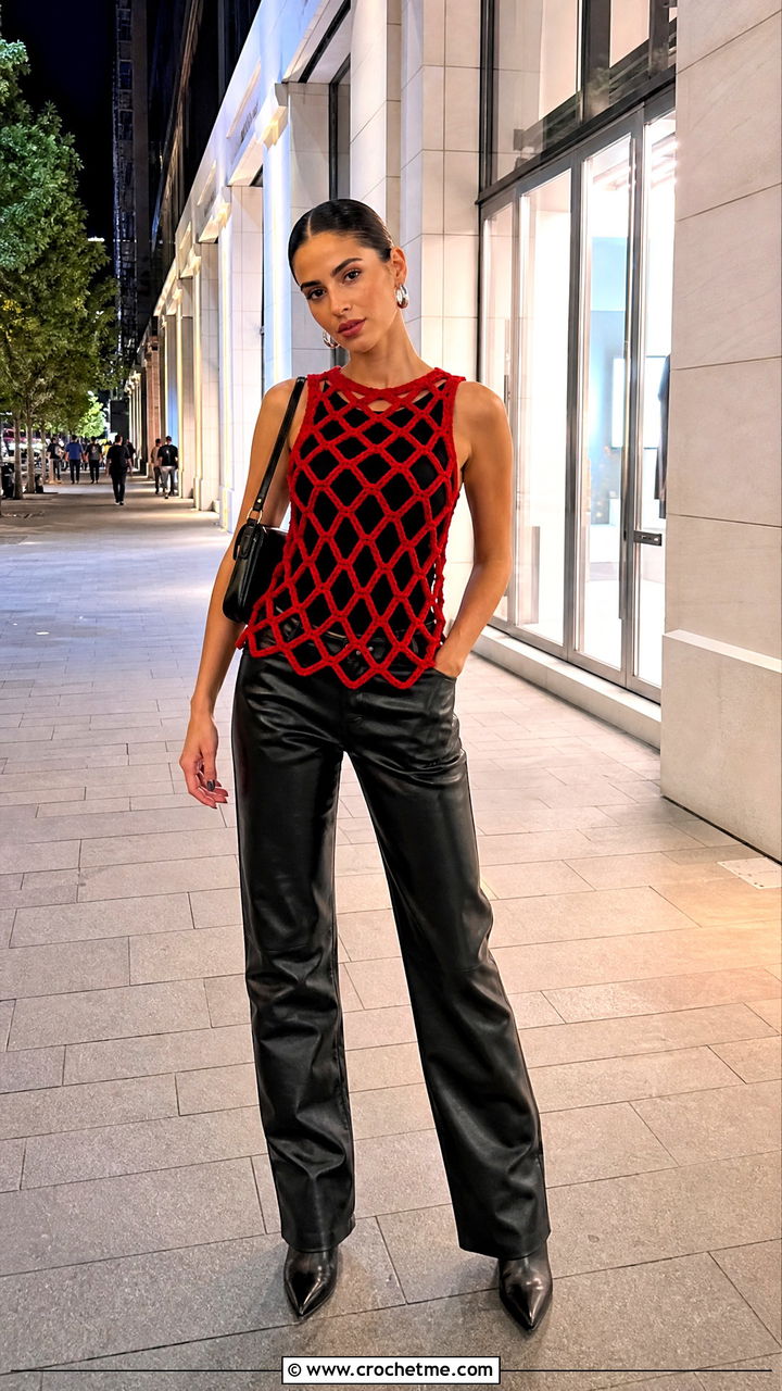 Diamond Mesh Crochet Vest With Leather Pants - 35 crochet mesh vest outfit ideas