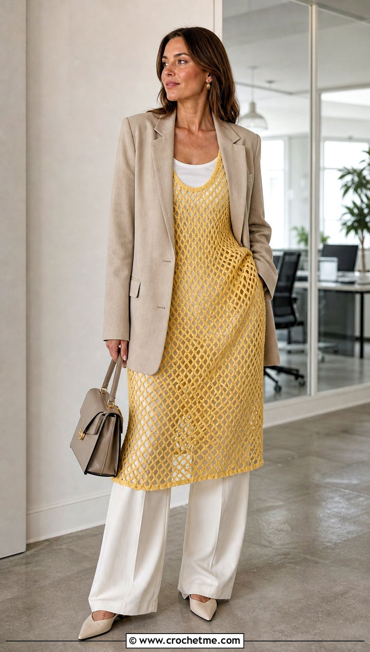 Diamond Mesh Fishnet Crochet Midi Dress With Blazer And Trousers - 25 Fishnet Crochet Dress outfit ideas