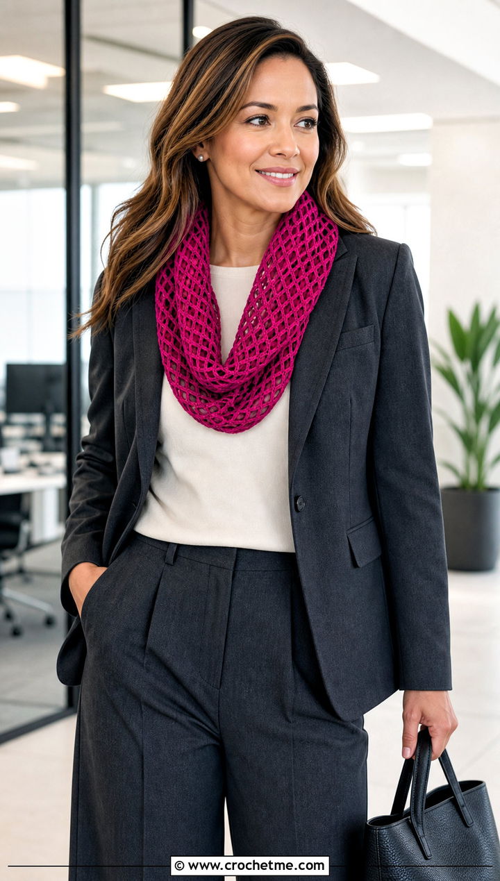 Diamond Mesh Infinity Scarf With Tailored Suit - 15 diamond crochet scarf outfit ideas