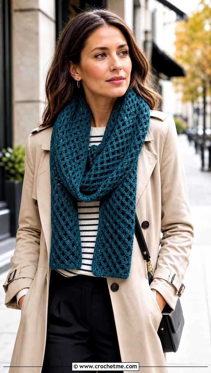 Diamond Mesh Infinity Scarf With Trench Coat - 20 Lacy Crochet Infinity Scarf outfit ideas