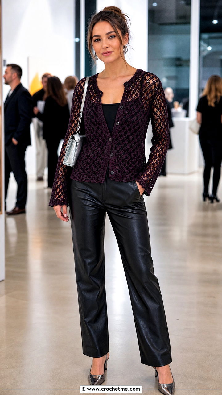 Diamond Mesh Lace Cardigan With Leather Pants - 35 crochet lace cardigan outfit ideas