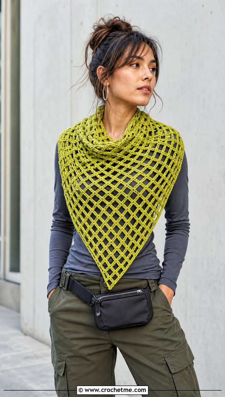Diamond Mesh Lace Triangle Shawl With Cargo Pants - 20 Crochet Lace Triangle Shawl outfit ideas