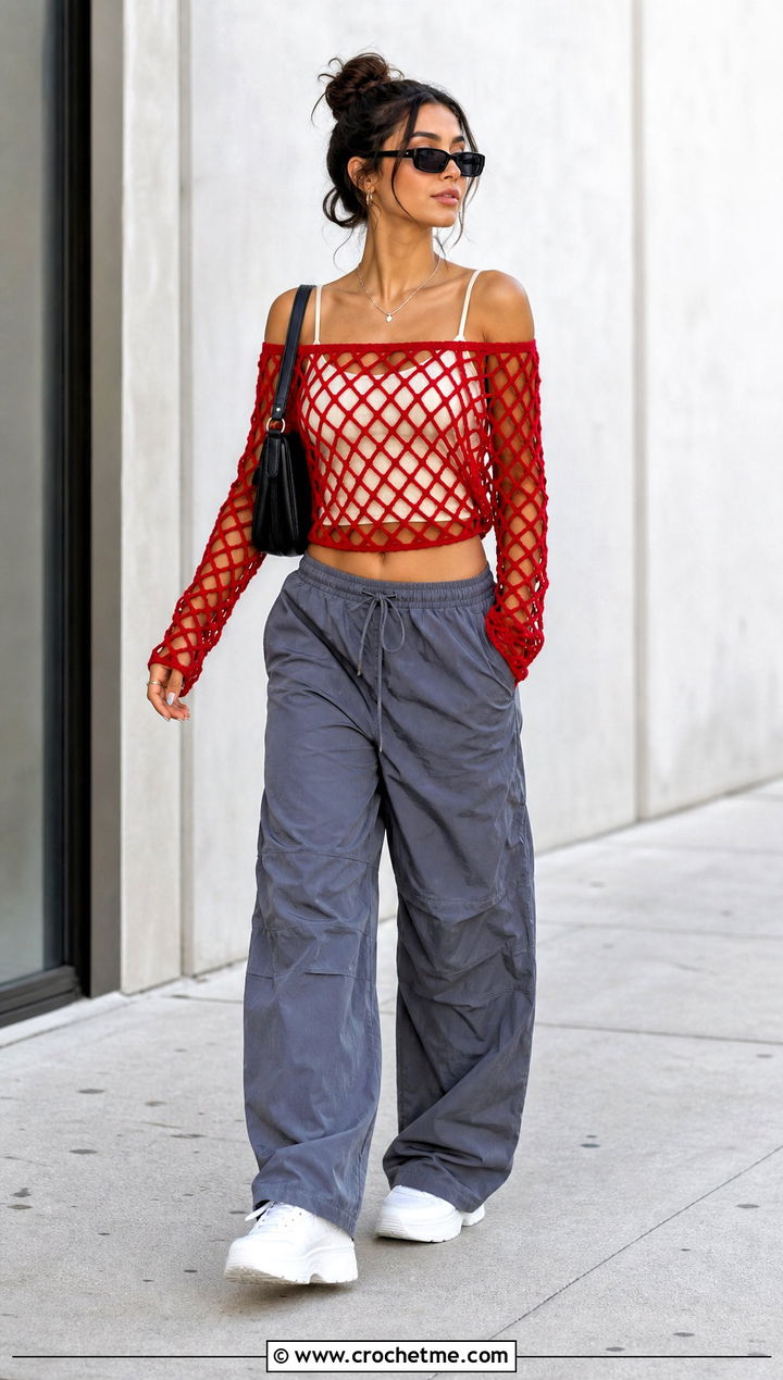 Diamond Mesh Off Shoulder Top With Parachute Pants - 25 crochet mesh off shoulder top outfit ideas