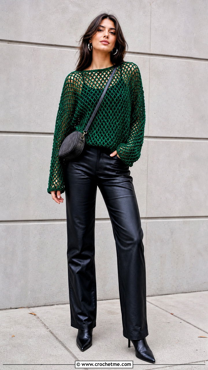 Diamond Mesh Sweater With Leather Pants - 35 crochet net sweater outfit ideas