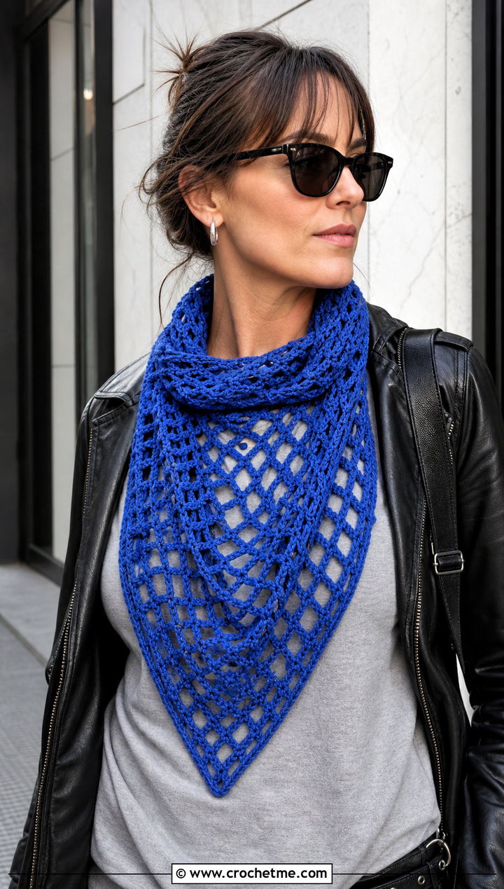 Diamond Mesh Triangle Shawl With Leather Jacket - 30 Crochet Mesh Triangle Shawl outfit ideas