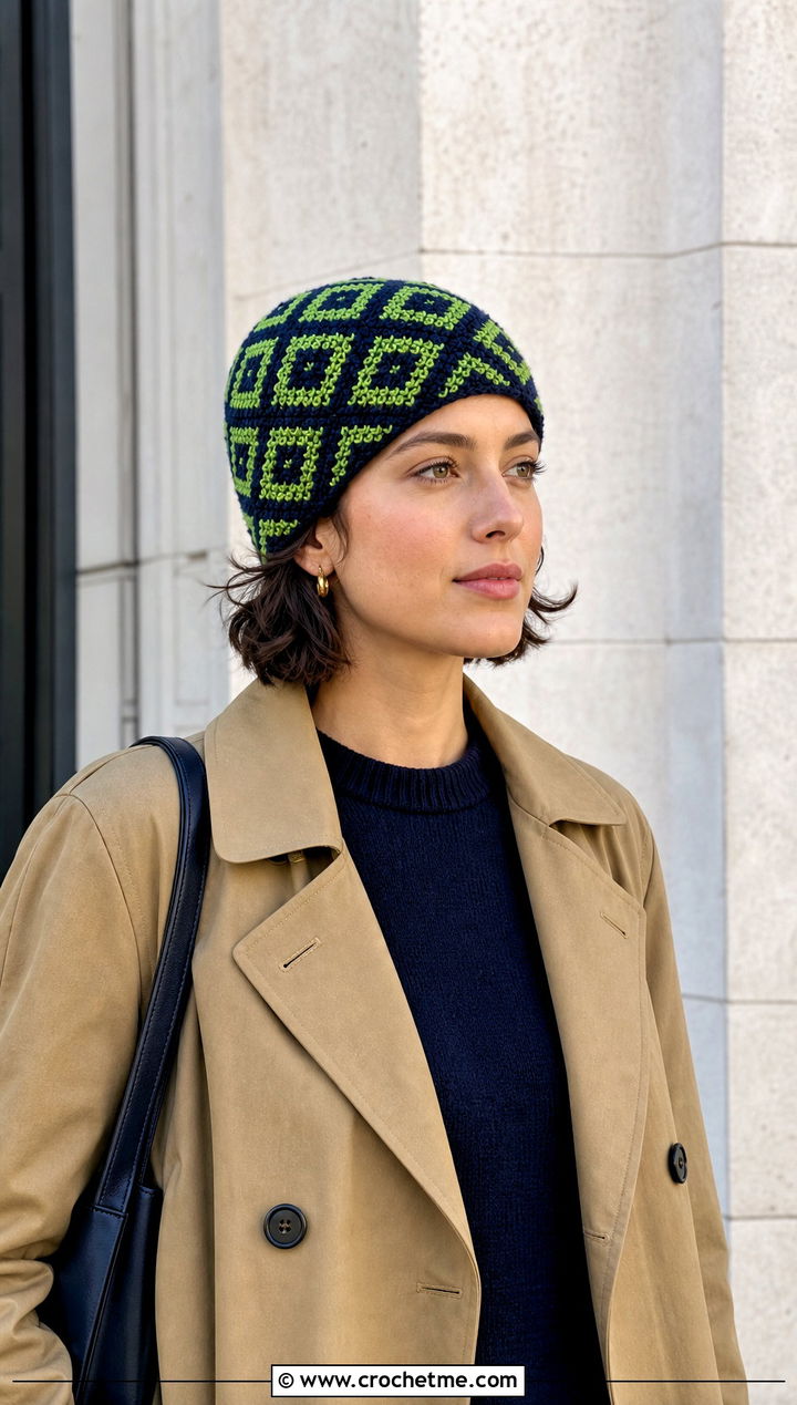 Diamond Mosaic Crochet Beanie With Trench Coat - 25 Mosaic Crochet Beanie outfit ideas