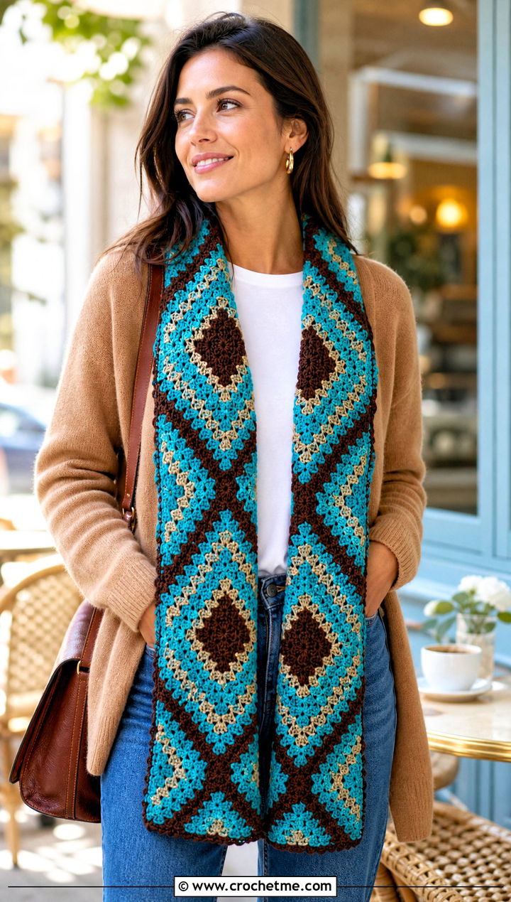 Diamond Mosaic Crochet Scarf With Cardigan And Jeans - 25 Mosaic Crochet Scarf outfit ideas